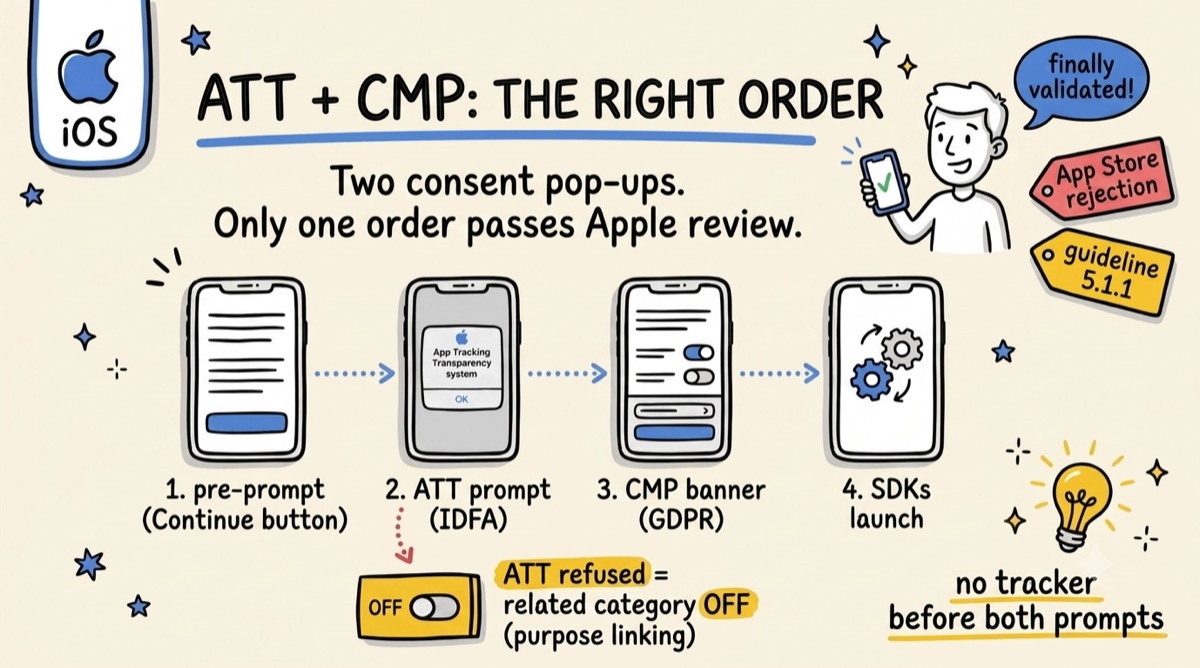 ATT + CMP: the right order — pre-prompt, ATT prompt (IDFA), CMP banner (GDPR), then SDKs launch. No tracker before both prompts