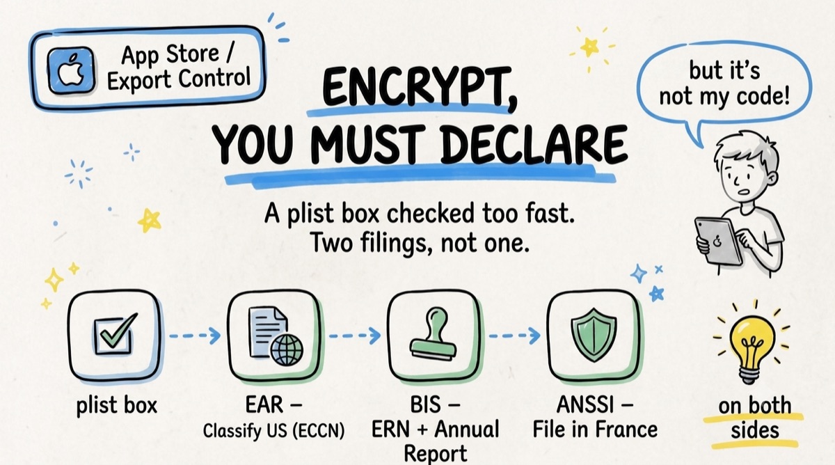 Encrypt, you must declare — plist box, EAR US classification, BIS ERN + annual report, ANSSI French filing: on both sides