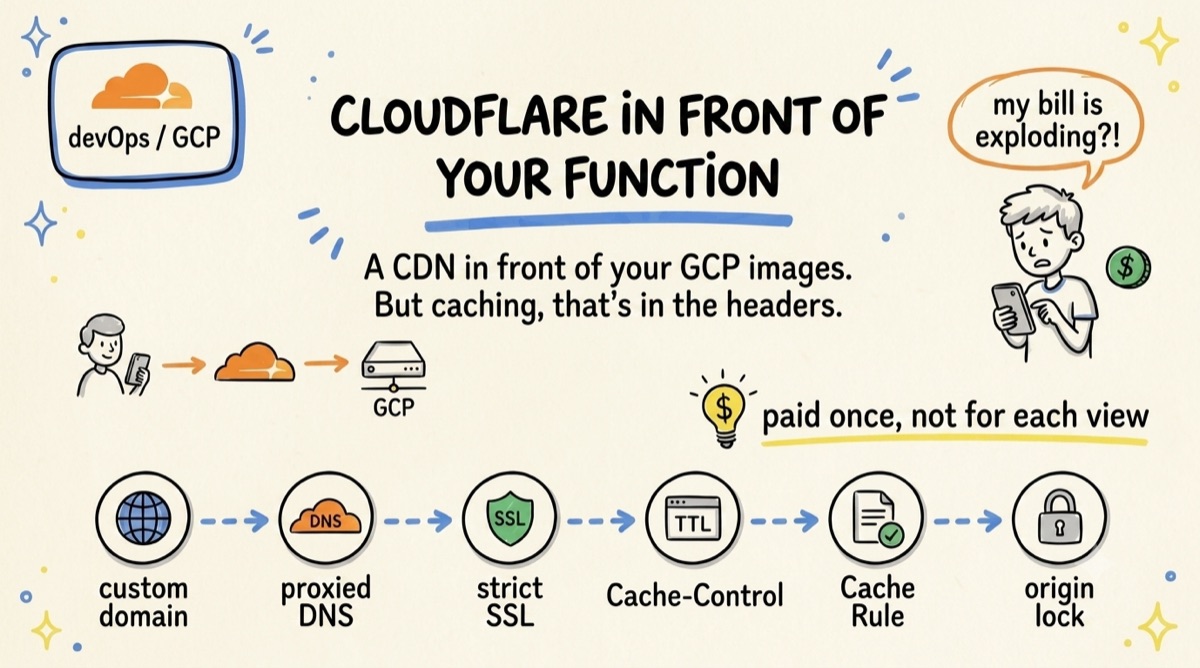 Cloudflare in front of your Function — custom domain, proxied DNS, strict SSL, Cache-Control, Cache Rule, origin lock: paid once, not for each view