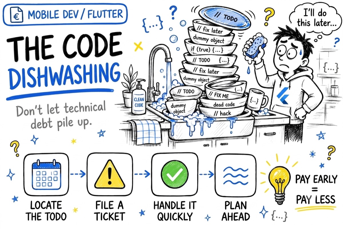 The code dishwashing — don't let technical debt pile up: locate the TODO, file a ticket, handle it quickly, plan ahead