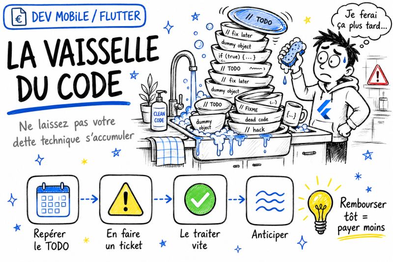 La vaisselle du code — ne laissez pas votre dette technique s'accumuler : repérer le TODO, en faire un ticket, le traiter vite, anticiper