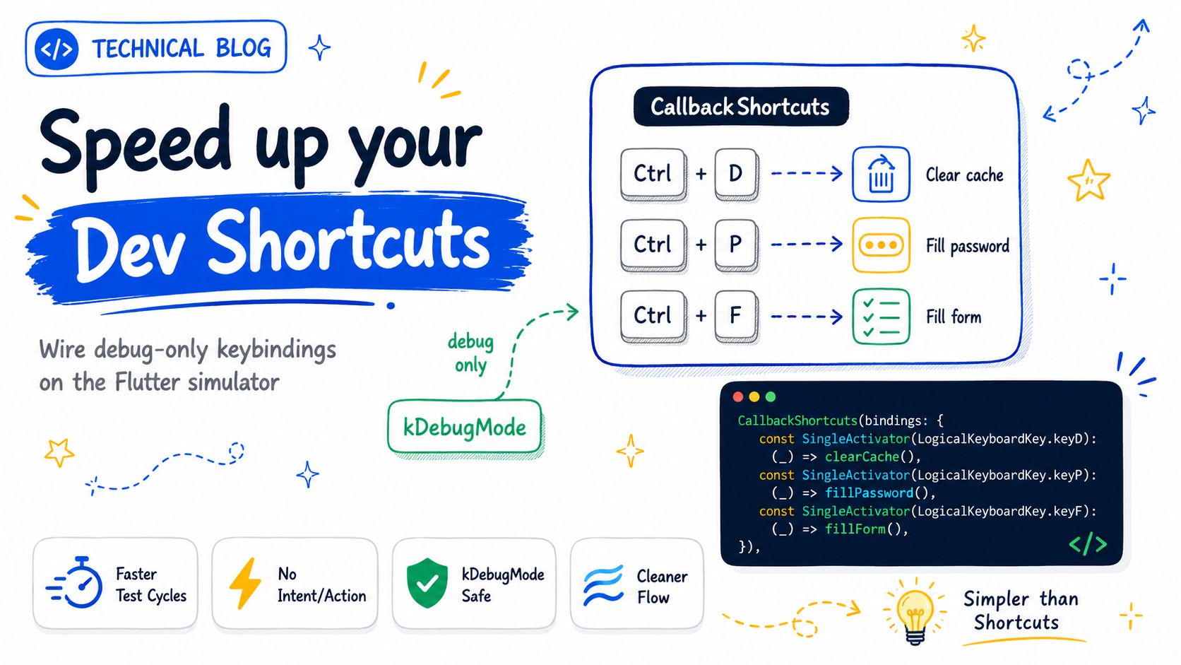 Flutter CallbackShortcuts debug keyboard shortcuts — Ctrl+D clears cache, Ctrl+P fills password, Ctrl+F fills form, all gated by kDebugMode
