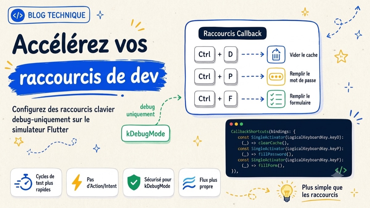 Raccourcis clavier debug Flutter avec CallbackShortcuts — Ctrl+D vide le cache, Ctrl+P remplit le mot de passe, Ctrl+F remplit le formulaire, le tout sous kDebugMode