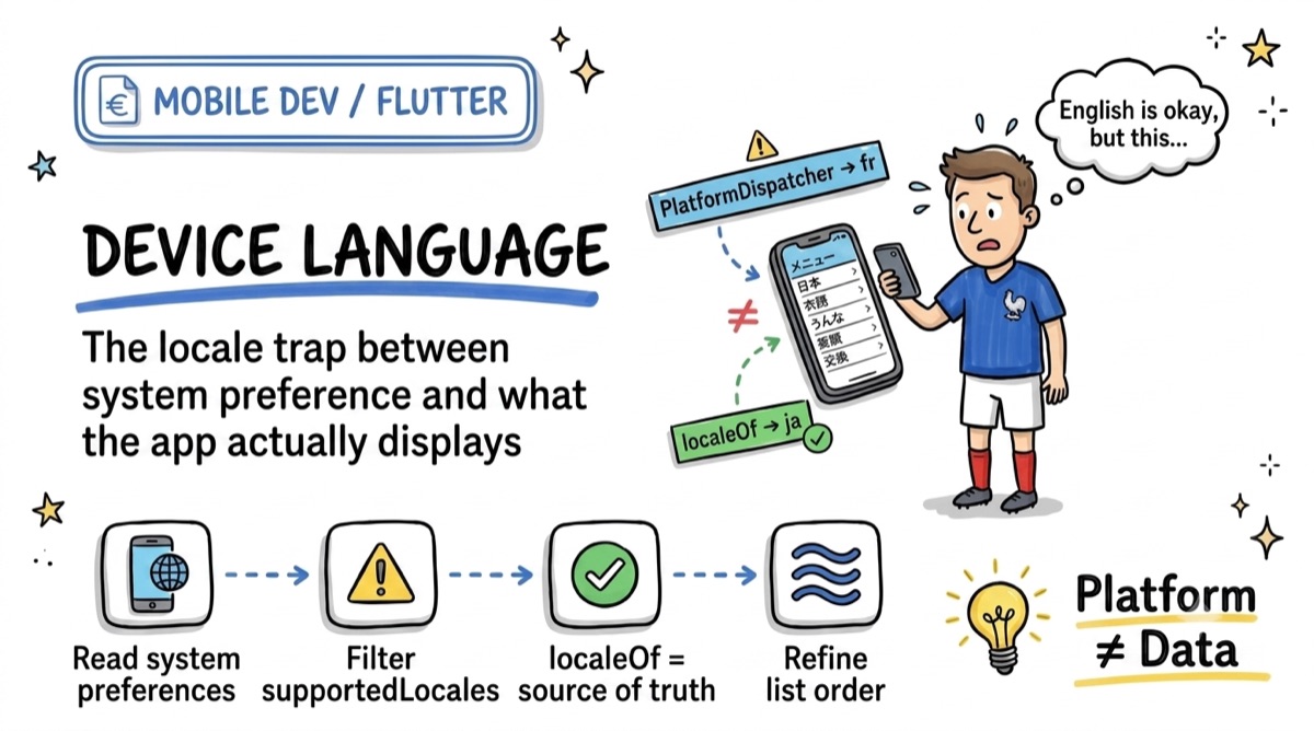 Device language — the locale trap between system preference and what the app actually displays: PlatformDispatcher → fr, localeOf → ja