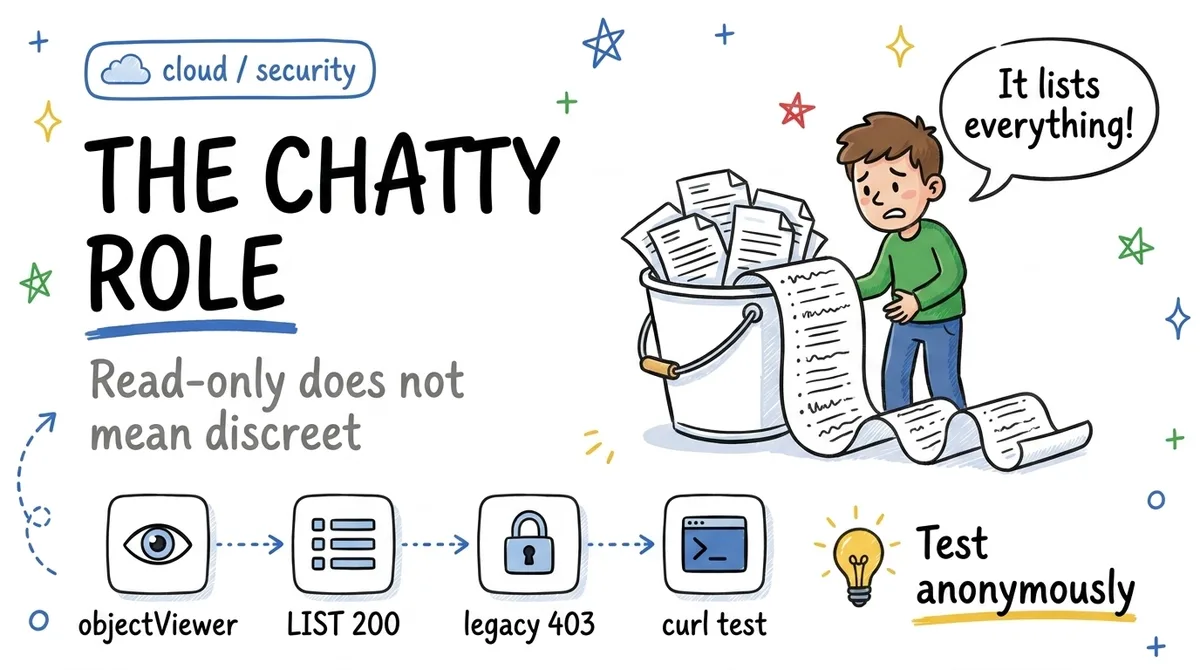 The chatty role: objectViewer exposes the full anonymous bucket LIST, legacyObjectReader blocks it
