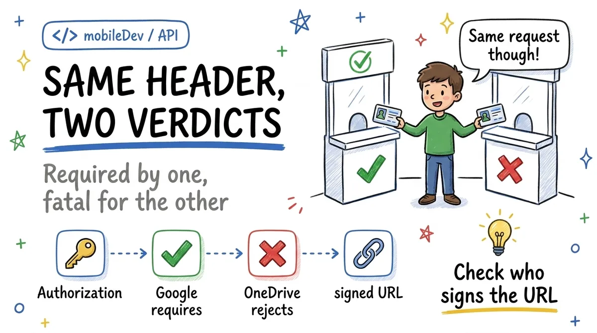 Same header, two verdicts: Authorization required by Google Photos, fatal on OneDrive download URLs