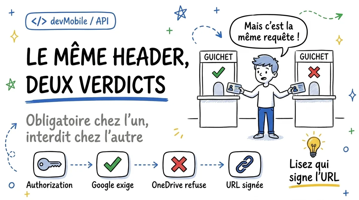 Le même header, deux verdicts : Authorization obligatoire chez Google Photos, interdit sur les URLs OneDrive