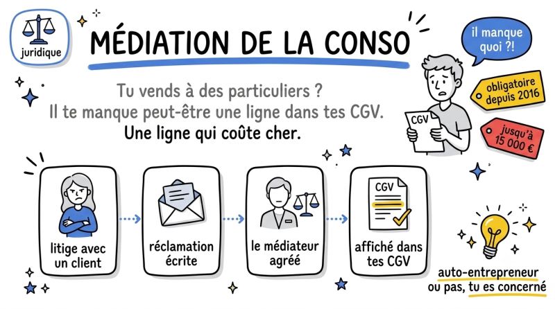 Médiation de la conso — tu vends à des particuliers ? Il te manque peut-être une ligne dans tes CGV : litige, réclamation écrite, médiateur agréé, affiché dans tes CGV