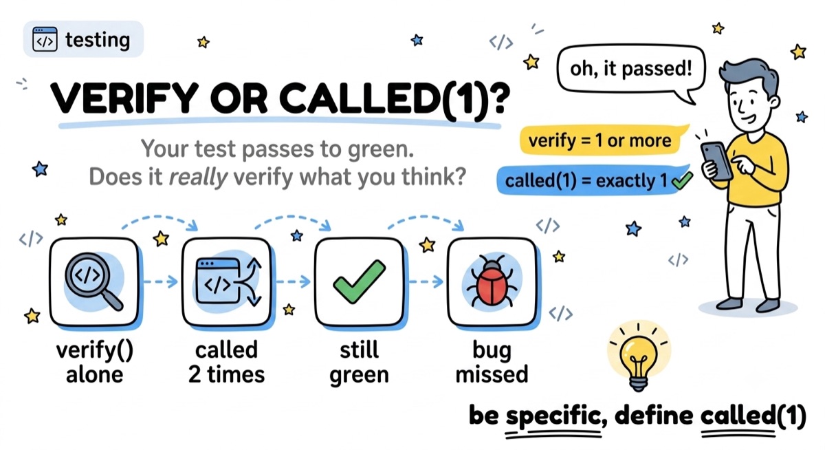 Verify or called(1)? Your test passes to green, does it really verify what you think? Be specific, define called(1)