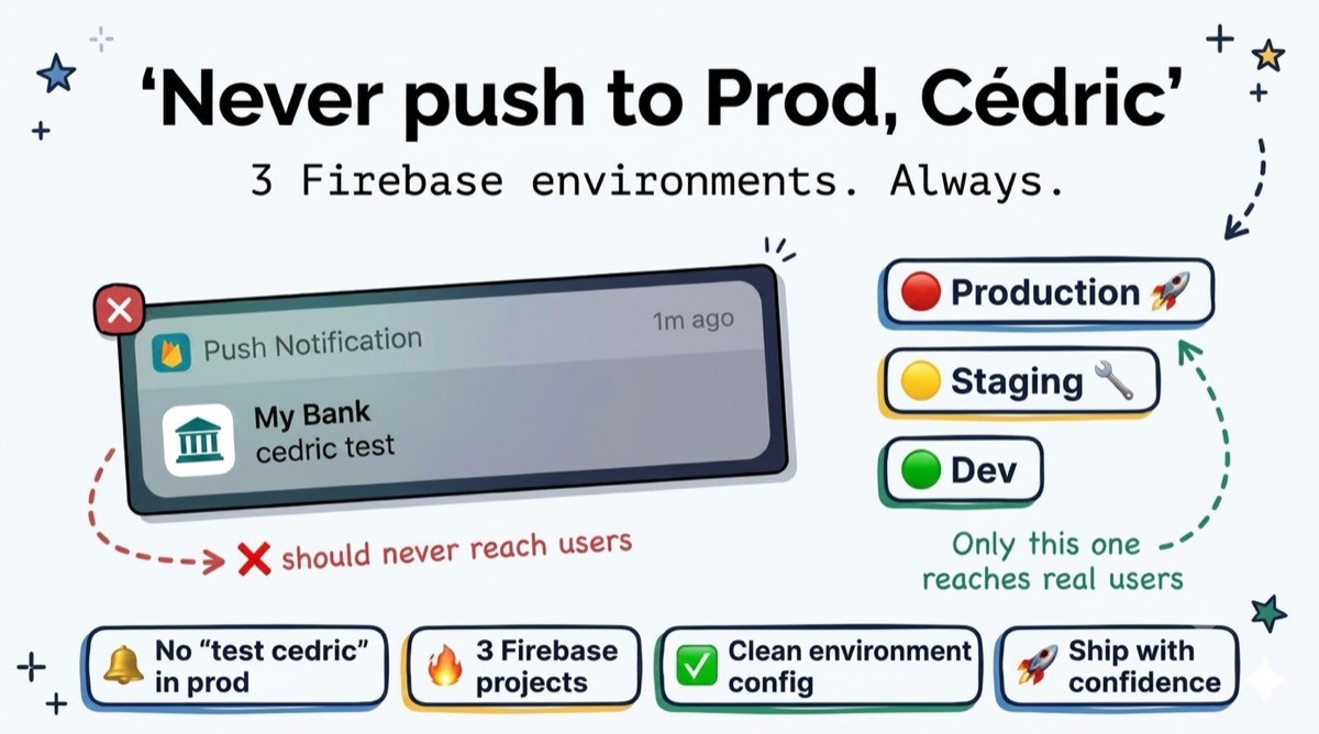 "Never push to Prod, Cédric" — 3 Firebase environments, always: Production, Staging, Dev
