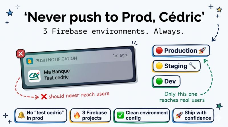« Never push to Prod, Cédric » — 3 environnements Firebase, toujours : Production, Staging, Dev