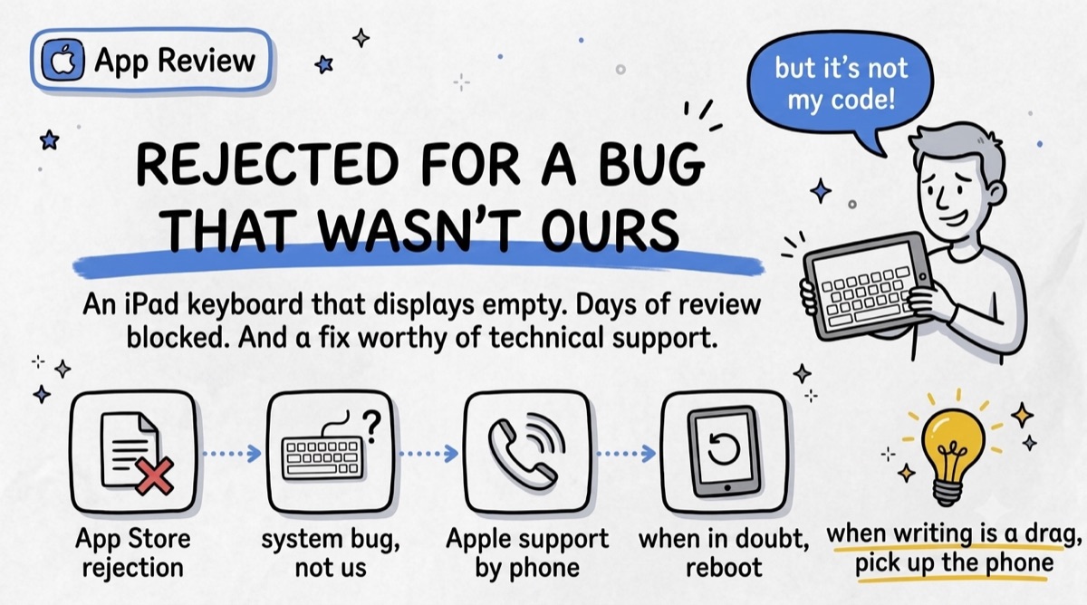 Rejected for a bug that wasn't ours — App Store rejection, system bug not us, Apple support by phone, when in doubt reboot